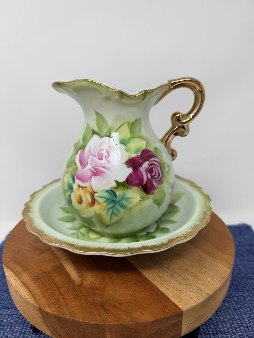 Vintage Porcelain Floral Pitcher and Bowl Set Decorative Gold Trim L327